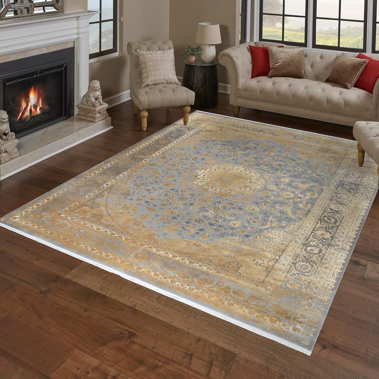 Florance Foggia Traditional Oriental Gold/Charcoal Gray High-Low Viscose/Acrylic Area Rug