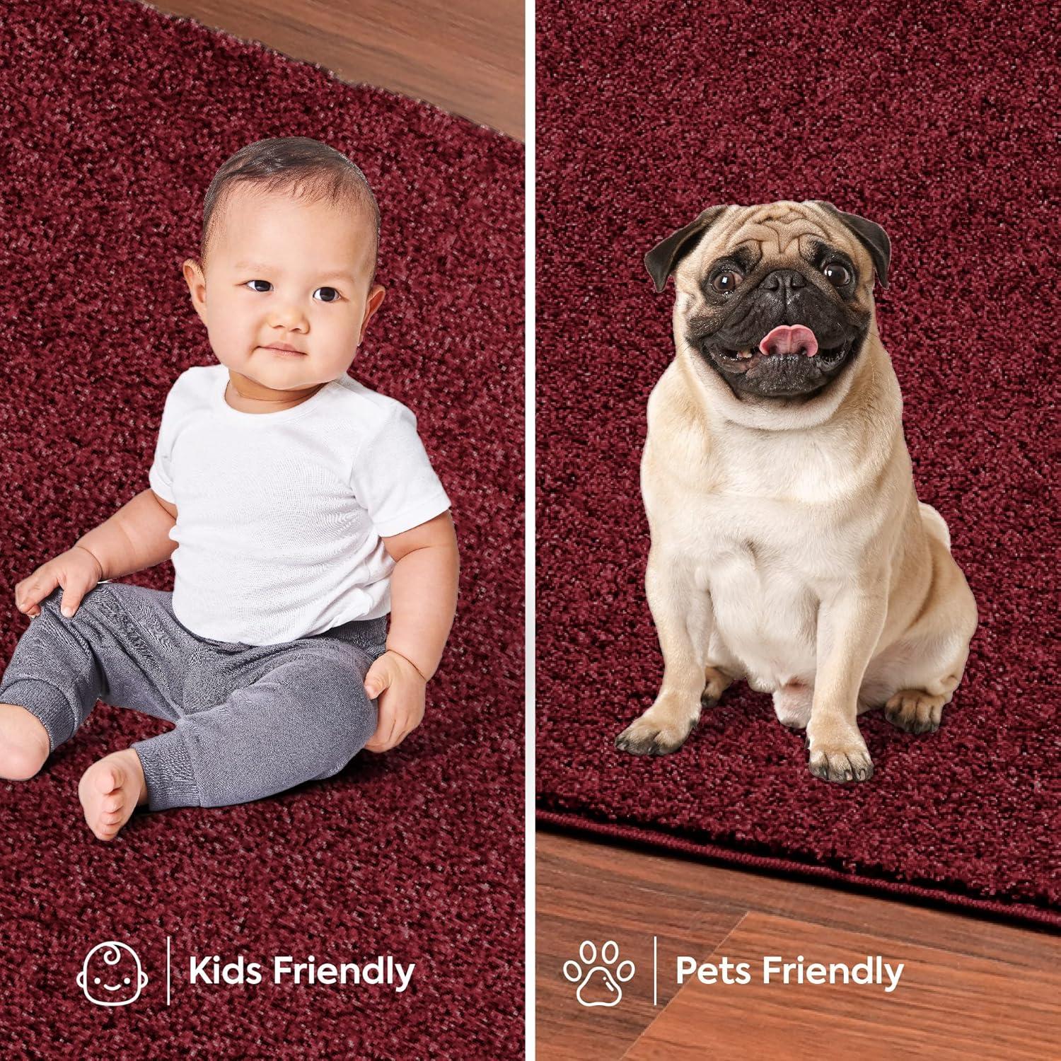 Furnish My Place Modern Plush Pet and Kids Friendly Solid Color Burgundy Area Rugs, Stain & Fade Resistance, Made in USA, Perfect for Living Room, Dining Room, Bedroom, Playroom and Kidsroom, Event, Wedding Rug