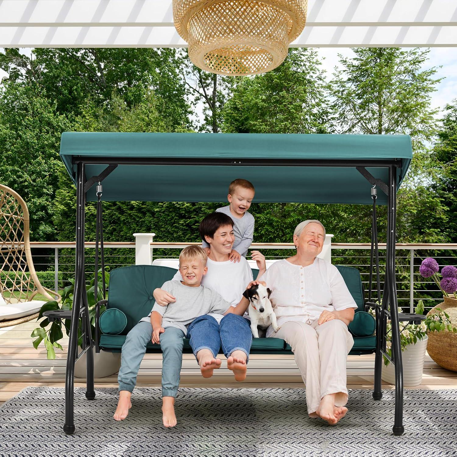 3 Seat Outdoor Porch Patio Swing With Adjustable Canopy