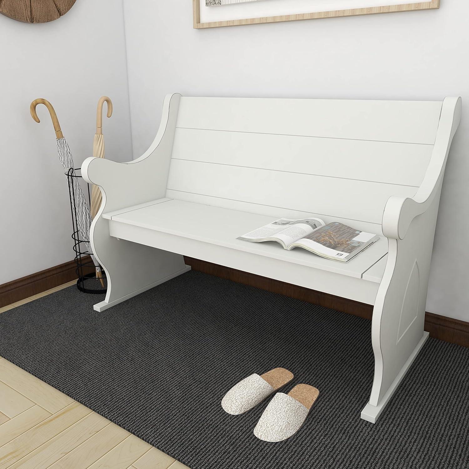 DecMode Wood Storage Bench with Scrolled Armrests, White