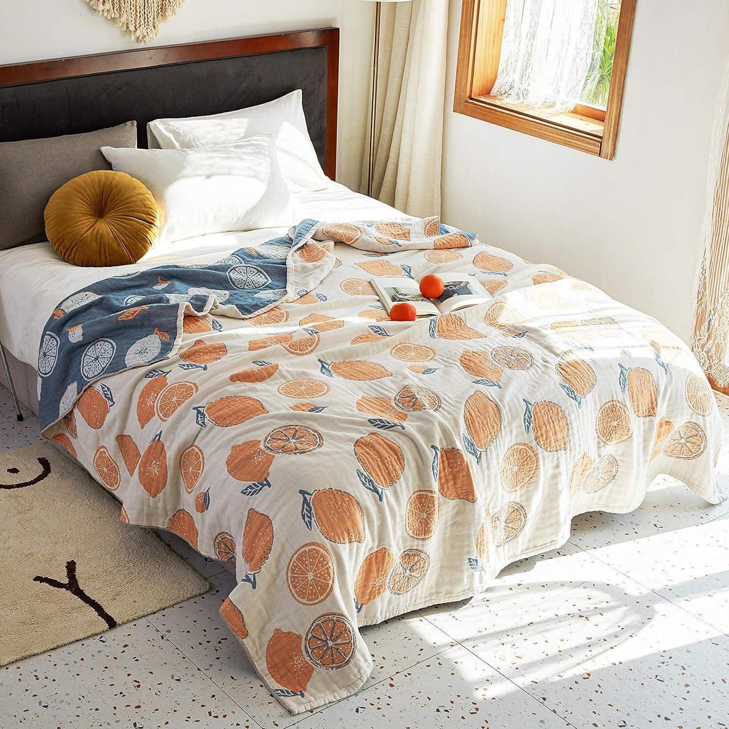 Scientific Sleep Lemon 100% Cotton Muslin Blanket Throw Cover for Bed Couch Sofa Cozy Soft Reversible Bedding Blanket Quilt Bedspread Coverlet Twin 60 in x 80 in