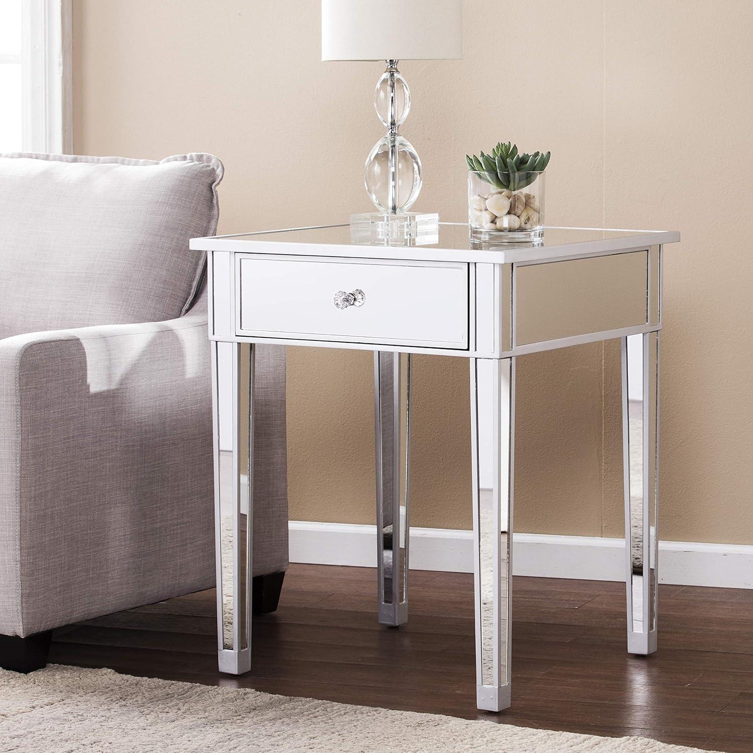 Mirage Matte Silver Mirrored Accent End Table with Storage