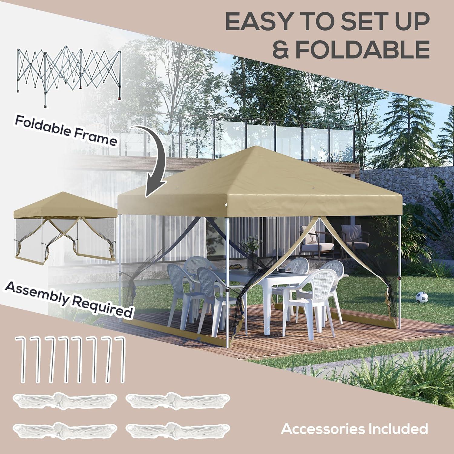 Outsunny 10' x 10' Pop Up Canopy Party Tent with Center Lift Hook Design, 3-Level Adjustable Height, Easy Move Roller Bag