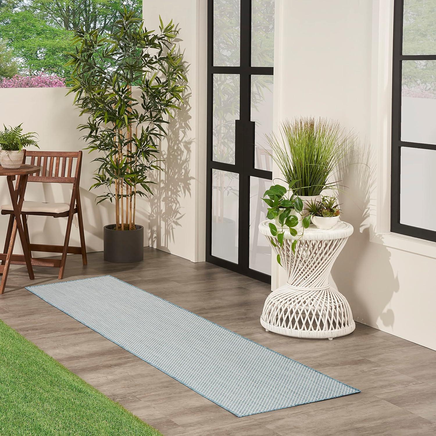 Nourison 2'2" x 8' Courtyard Modern Easy Care Flatweave Indoor Outdoor Runner Rug Ivory/Aqua