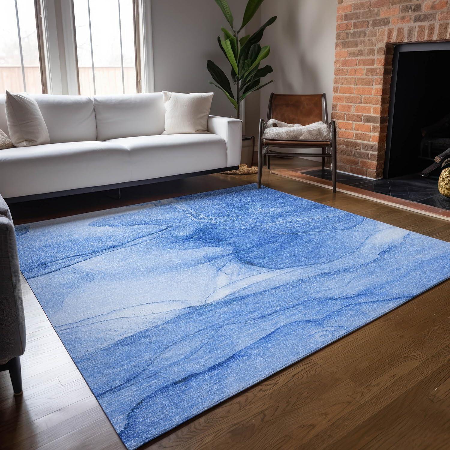 Blue Watercolor Pattern Machine Washable Indoor Outdoor Rug