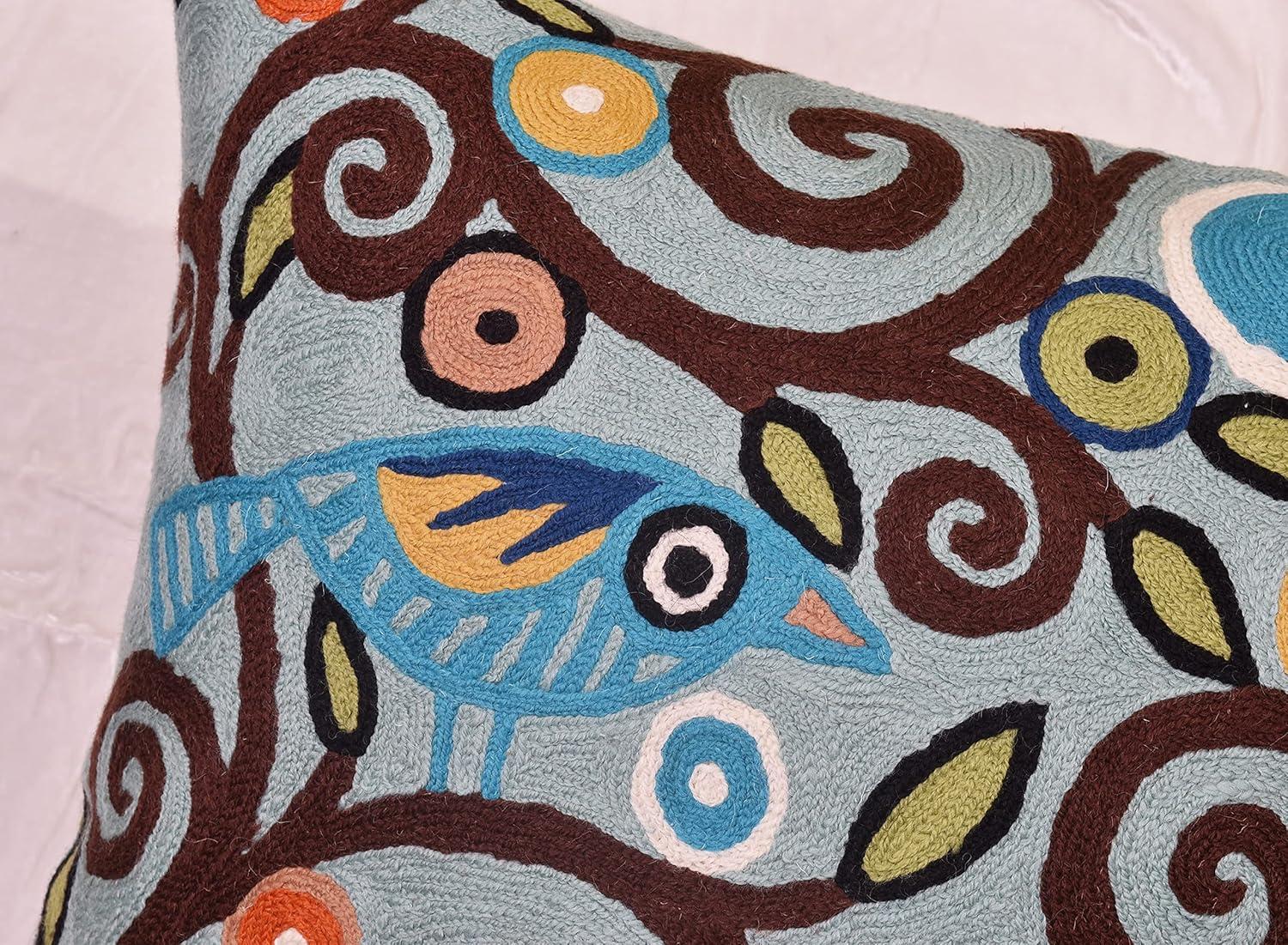 Teal Blue Embroidered Cotton Euro Pillowcase with Birds