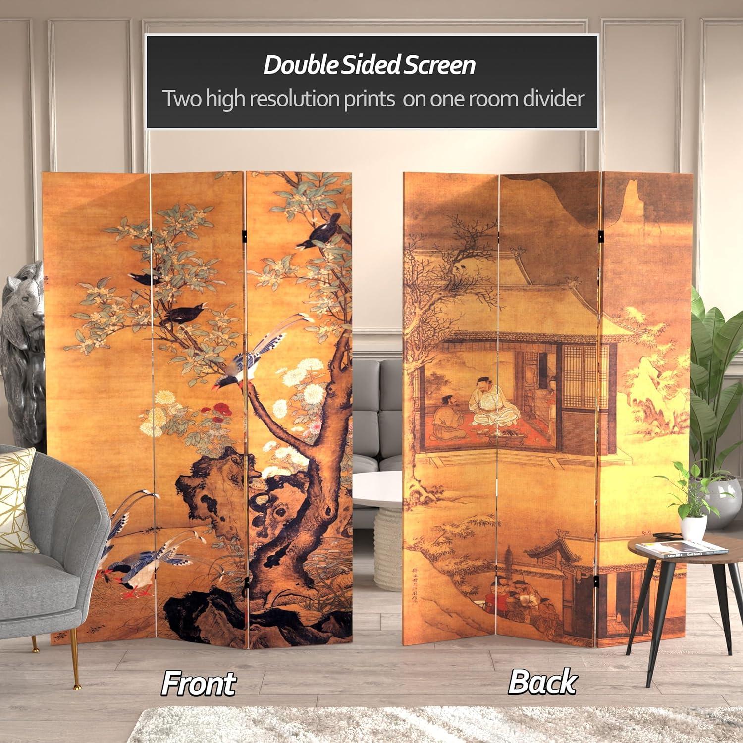 6' Tall Double Sided Chinese Landscapes Canvas Room Divider - Oriental Furniture: 3-Panel, Wood Composite