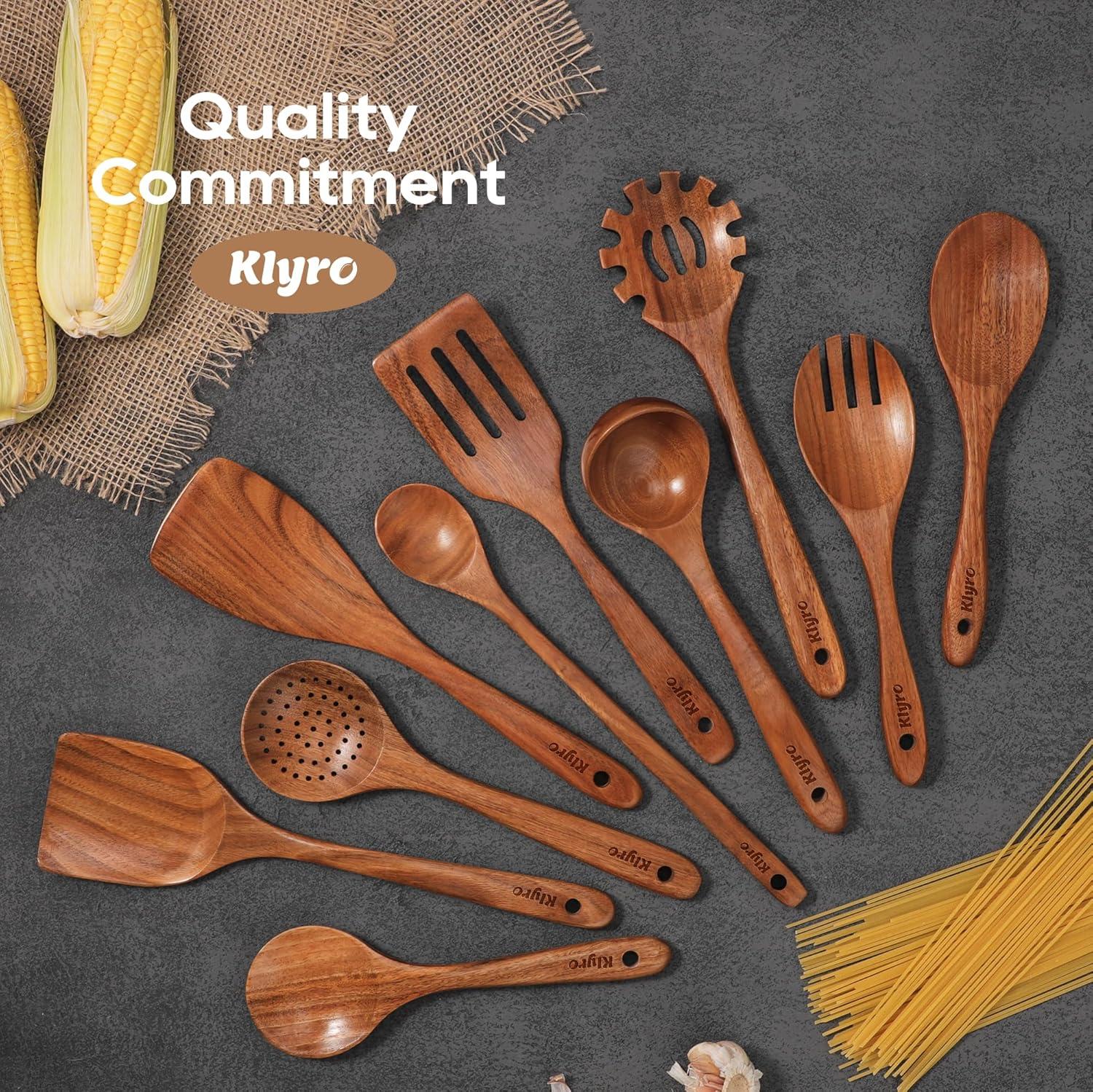 FAST APPLIANCES LLC 10 Pcs Wooden Spoons For Cooking, Wooden Utensils For Cooking Teak Wood Nonstick Wooden Cooking Utensils,Wooden Spatula Sets