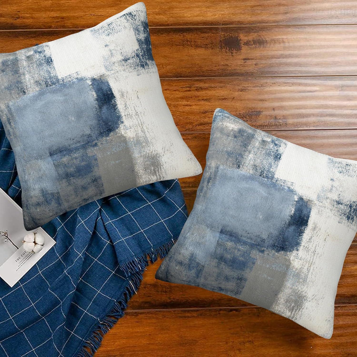 Blue and Grey Abstract Art Polyester Square Throw Pillows Set