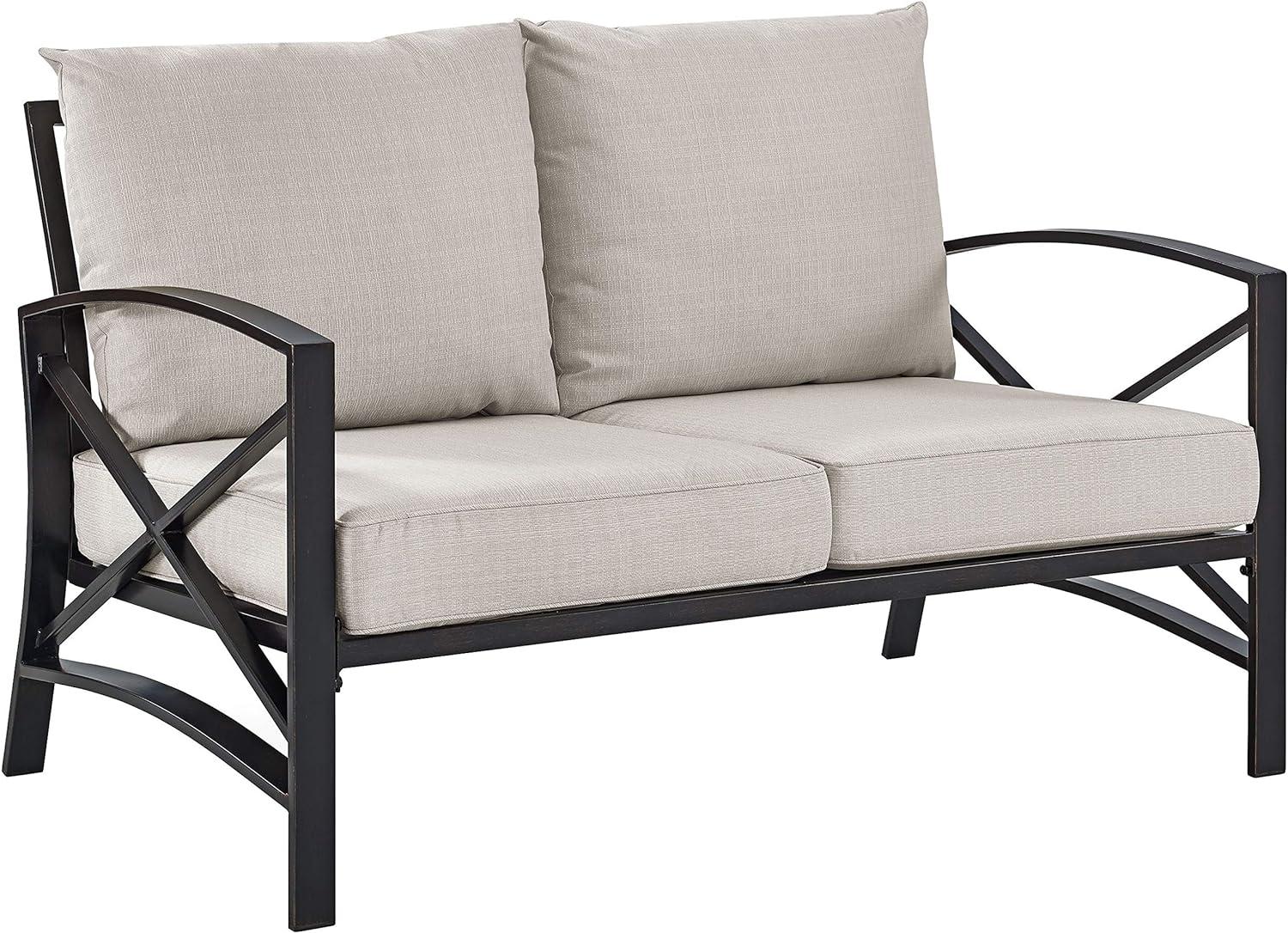 Oatmeal and Bronze Metal Outdoor Loveseat with Cushions