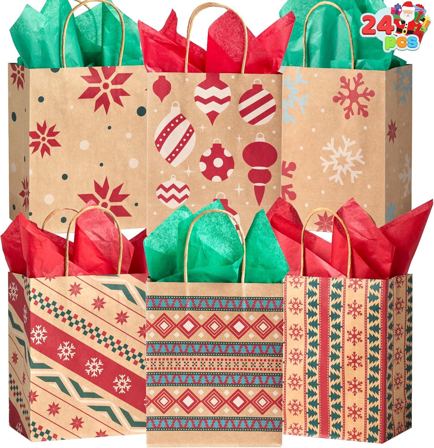 JOYFY 24pcs Christmas Gift Bags Assorted Kraft Gift Bags for Kids' Xmas Gifts Bags