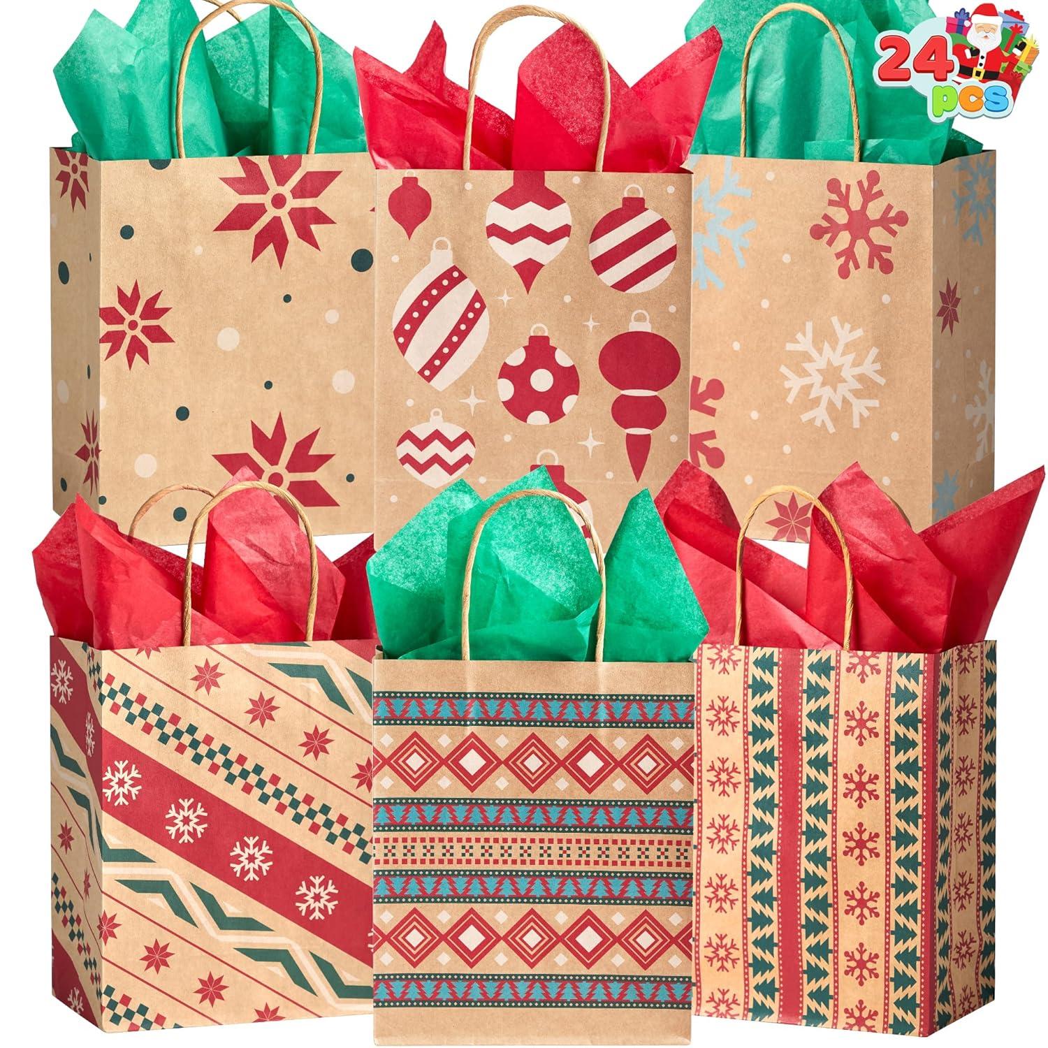 JOYFY 24pcs Christmas Gift Bags Assorted Kraft Gift Bags for Kids' Xmas Gifts Bags