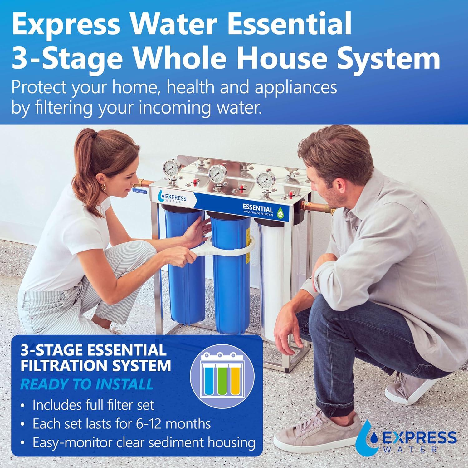 Express Water Whole House Water Filter – 3 Stage Home Water Filtration System – Sediment, Charcoal, Carbon Filters – includes Pressure Gauges, Easy Release, and 1” Inch Connections