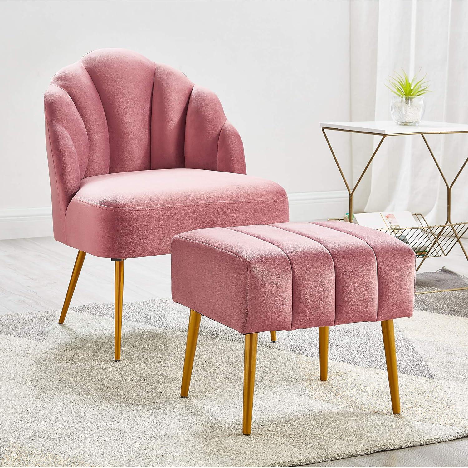 Rose Velvet Shell Back Accent Chair with Golden Metal Legs