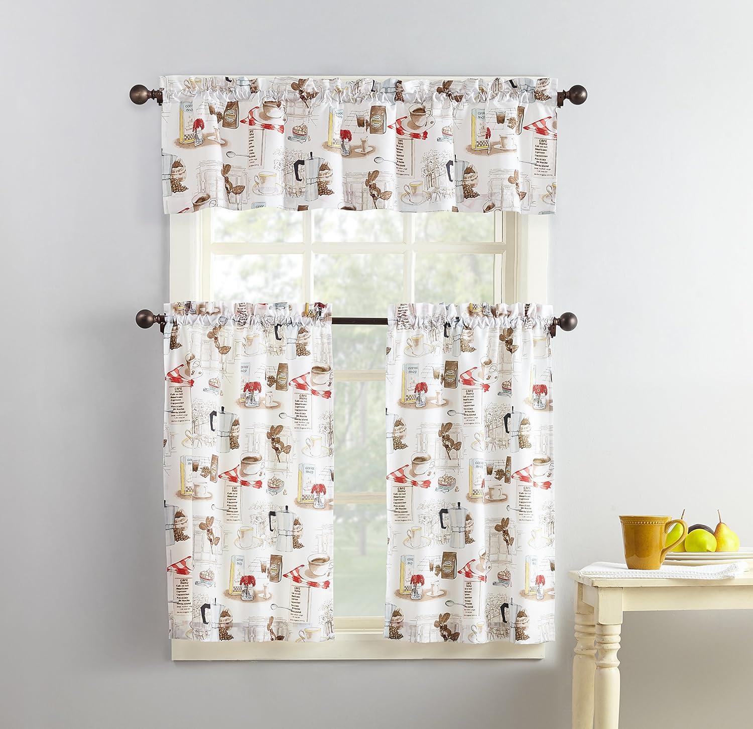 36"x54" Brew Coffee Shop Semi Sheer Rod Pocket Kitchen Curtain Valance and Tiers Set White - No. 918