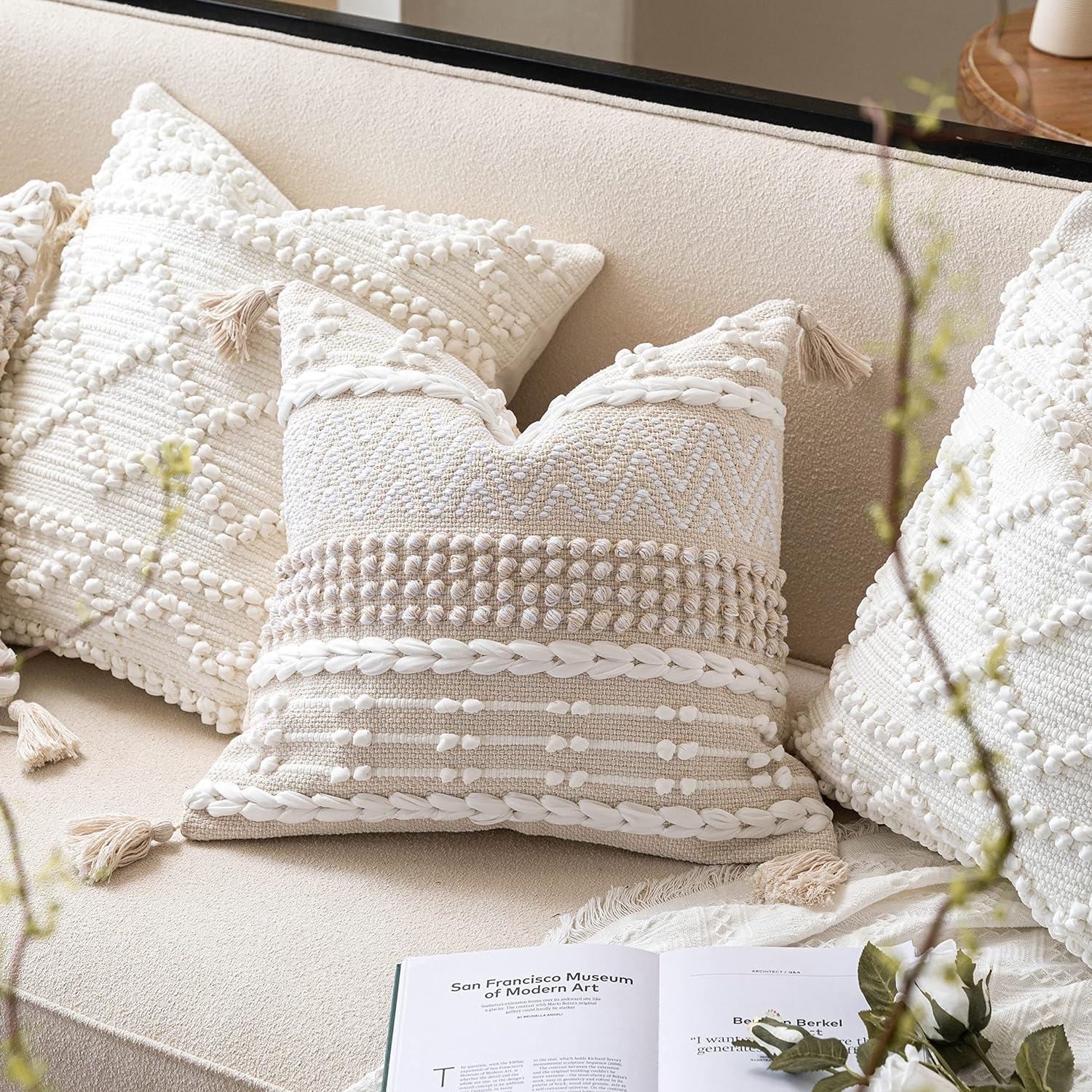 Cream White Boho Throw Pillow Cover 20X20, Decorative Neutral Accent Pillow for Couch, Square Woven Textured Pillowcase, Modern Boho Pillow for Bed, Bohemian Pillow Cover (Pack of 1)