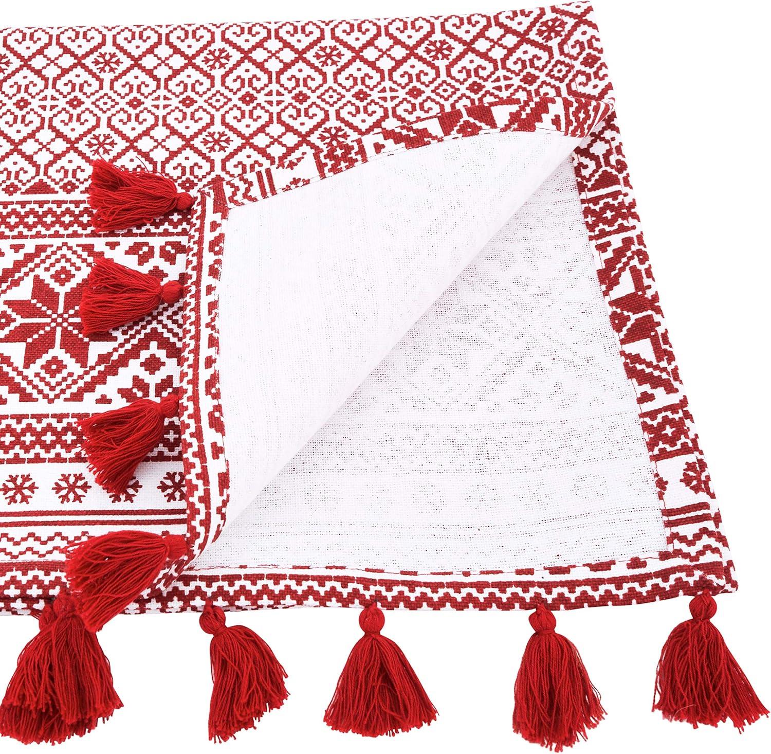 Red and White Cotton Christmas Table Runner with Tassels