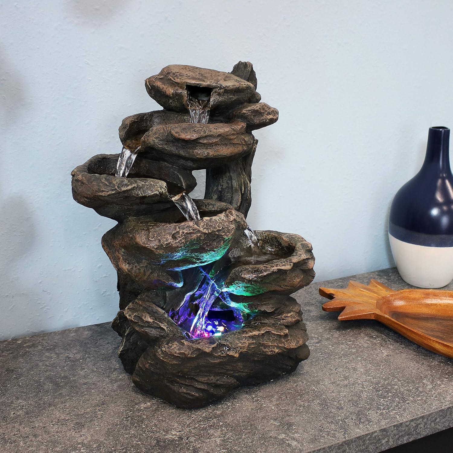 Rock Falls Rustic Resin Tabletop Fountain with Colored LED Lights