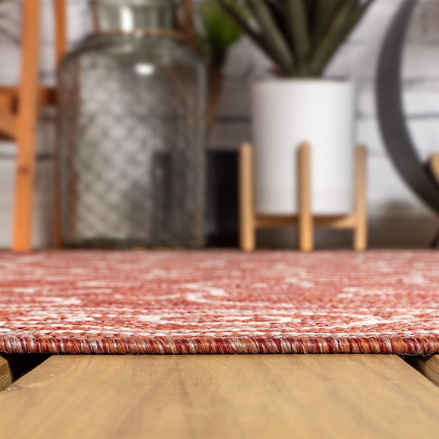 5' Round Charleston Vintage Filigree Textured Weave Indoor/Outdoor Area Rug, Red/Beige - JONATHAN Y