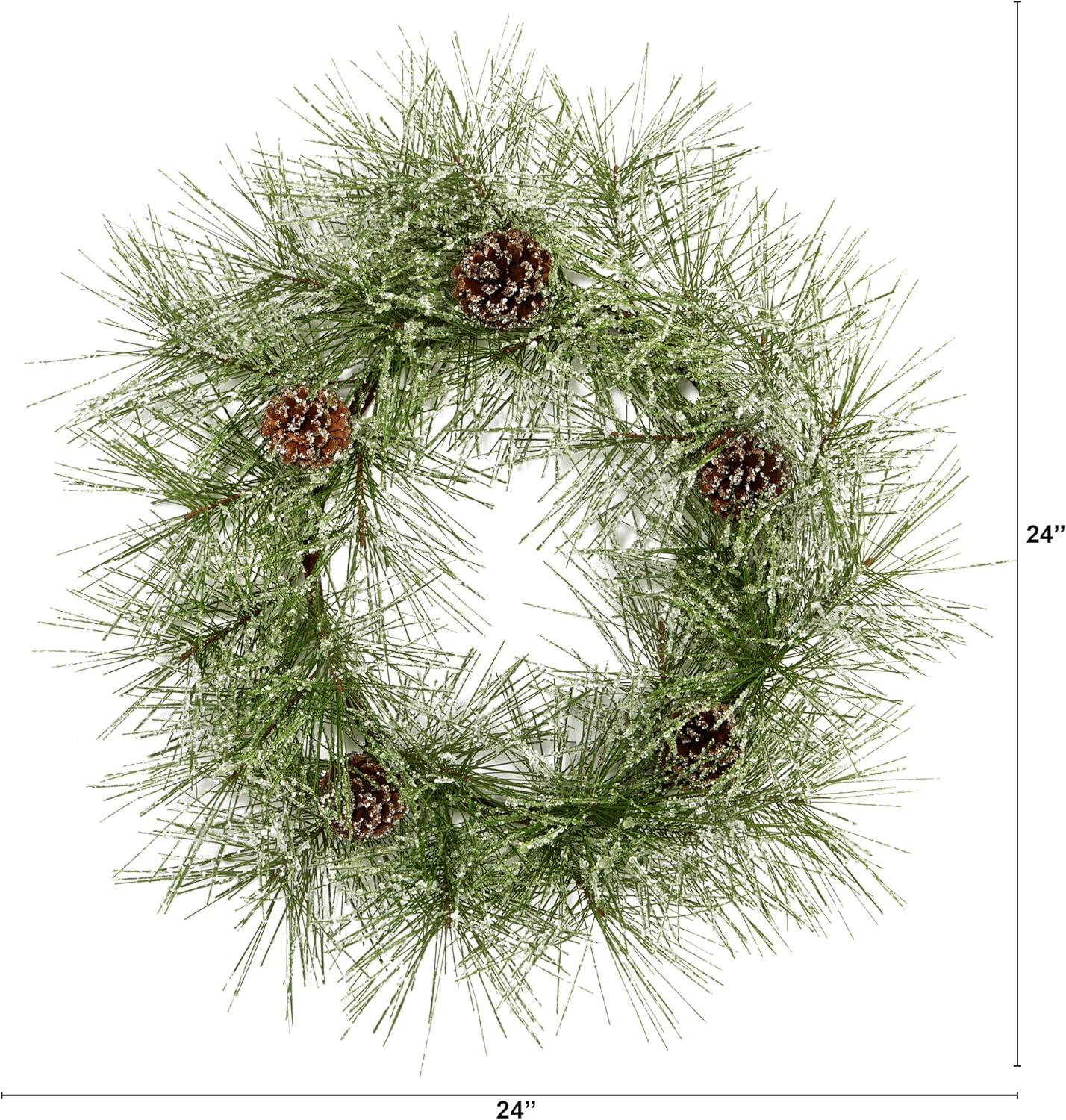 Nearly Natural 24” Iced Pine Artificial Wreath with Pine Cones