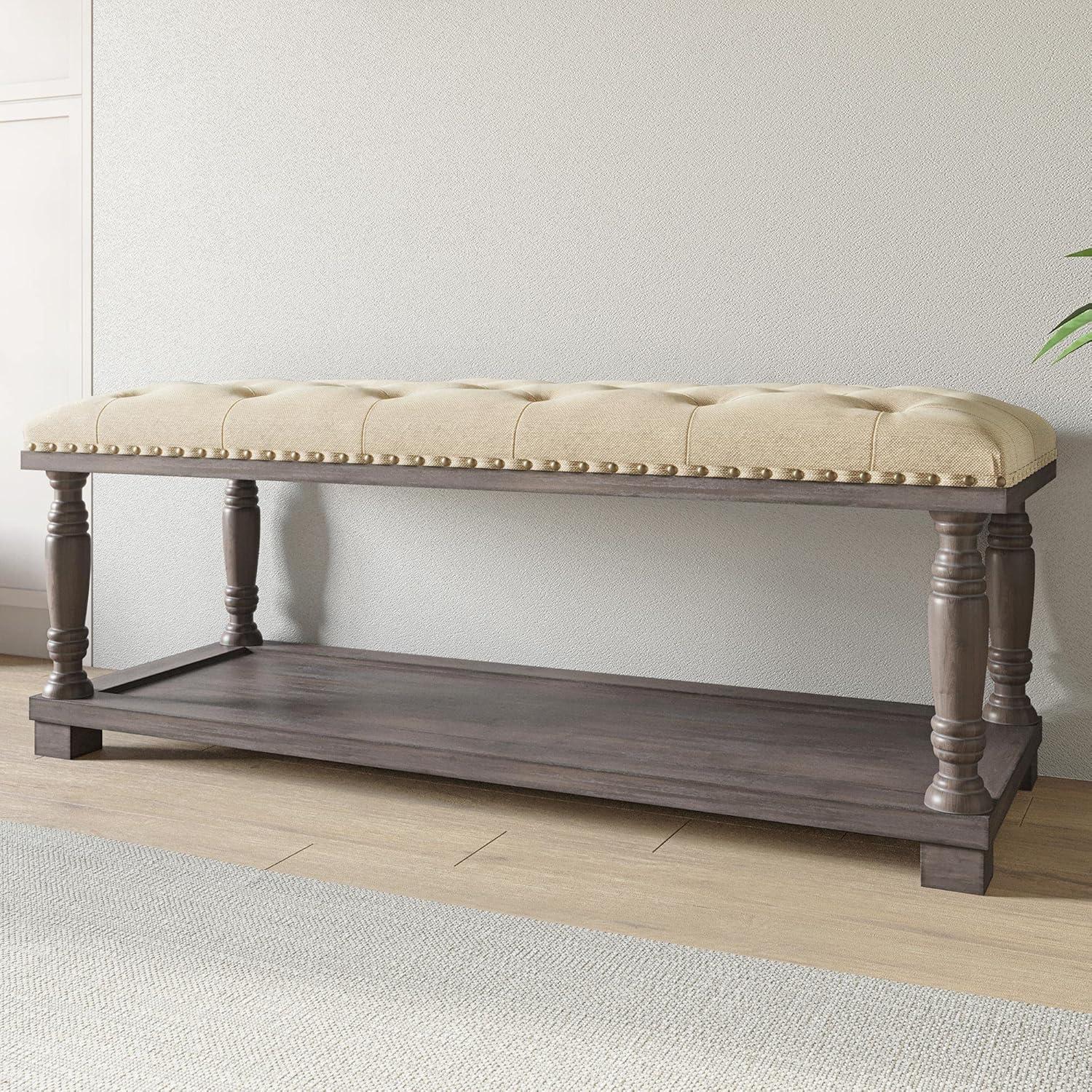 Beige Linen Tufted Ottoman Bench with Storage Shelf