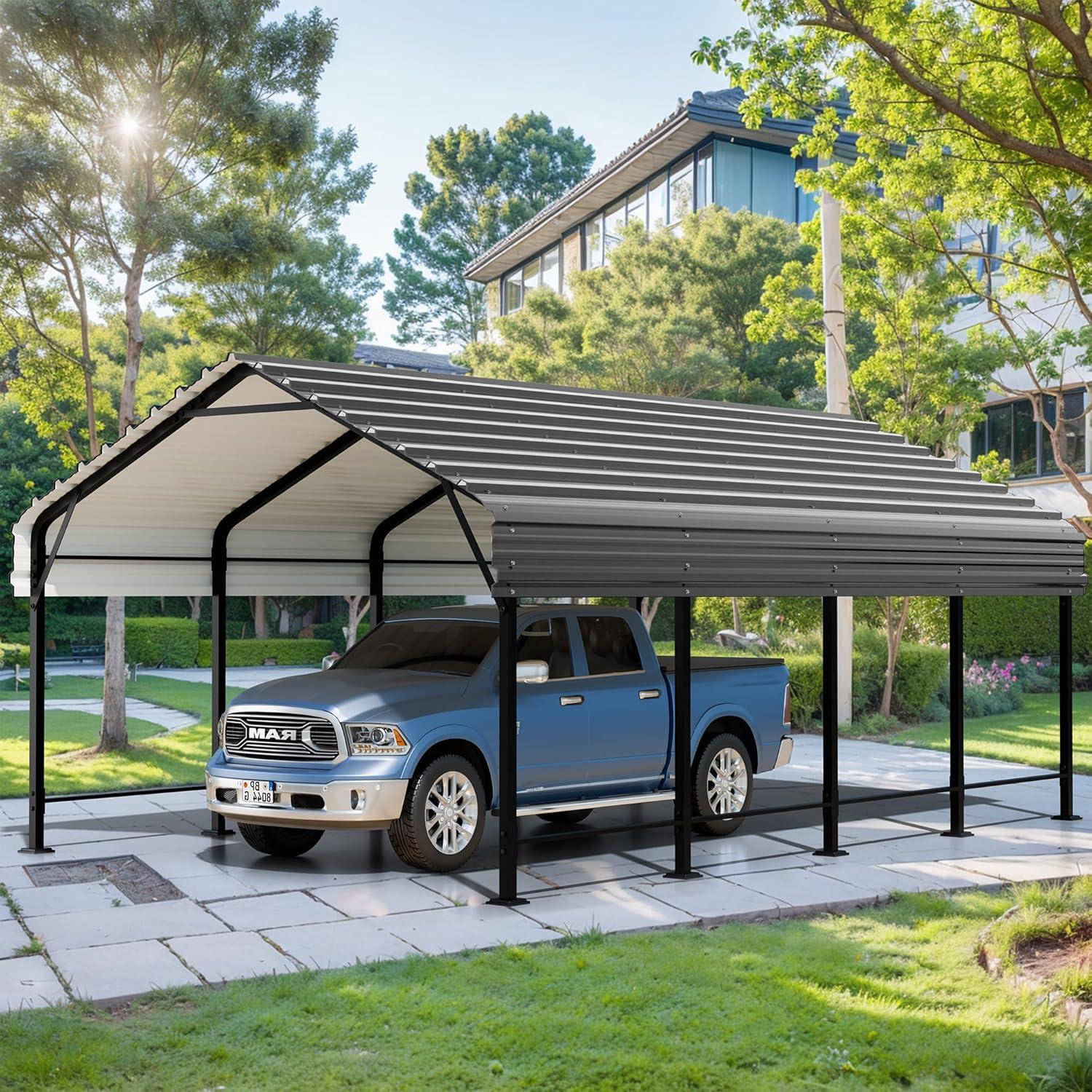 12' x 20' Gray Metal Carport with Galvanized Steel Roof