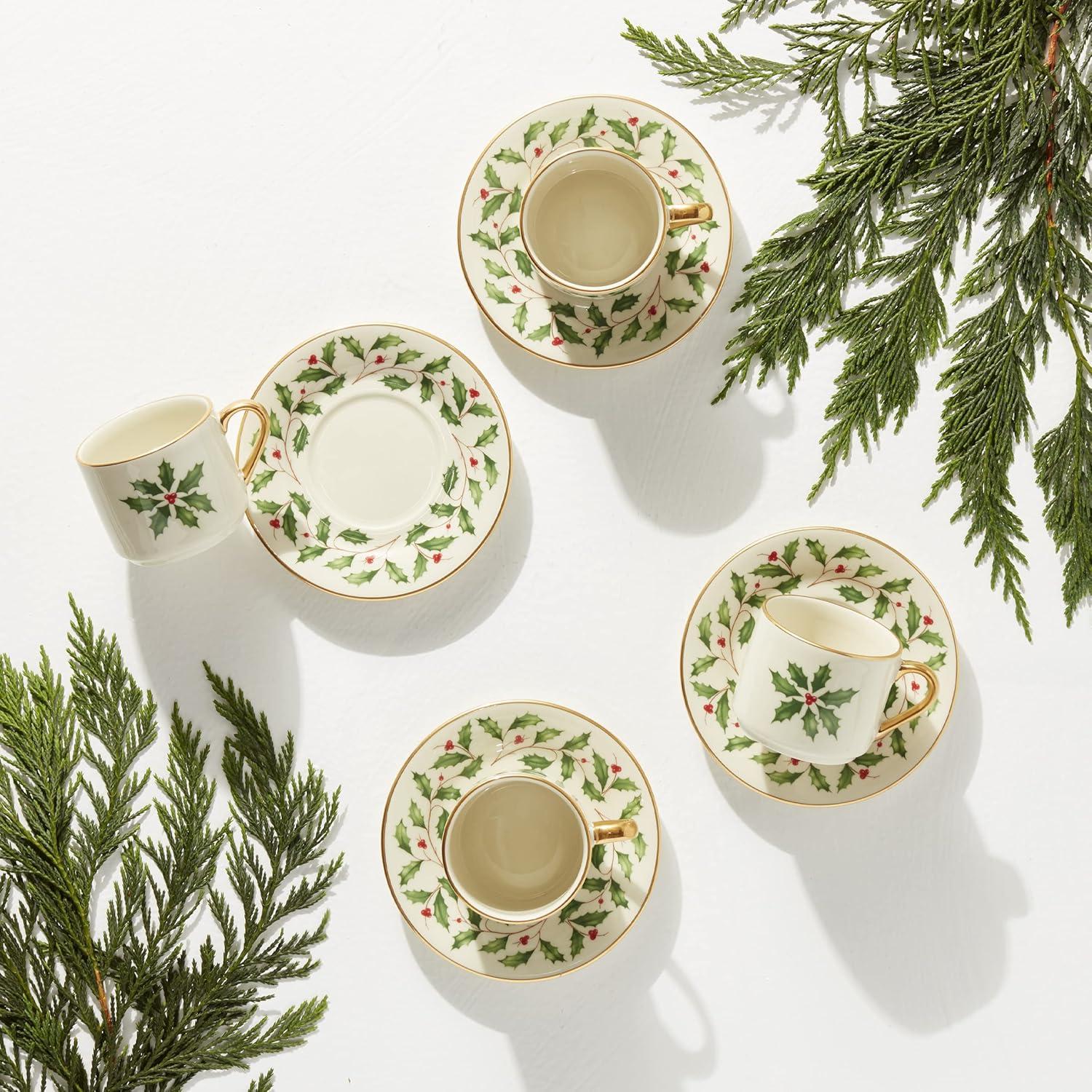 Ivory Ceramic Holiday Espresso Cup & Saucer Set with Holly Motif