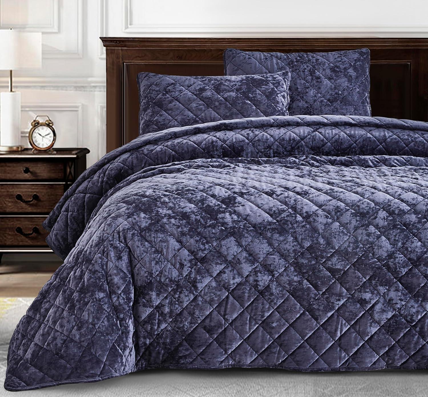 Fredsure Distressed Velvet Quilt Set, 3 Pieces Purple Queen, Distressed Velvet Face and Brushed Microfiber Reverse with Diamond Quilting