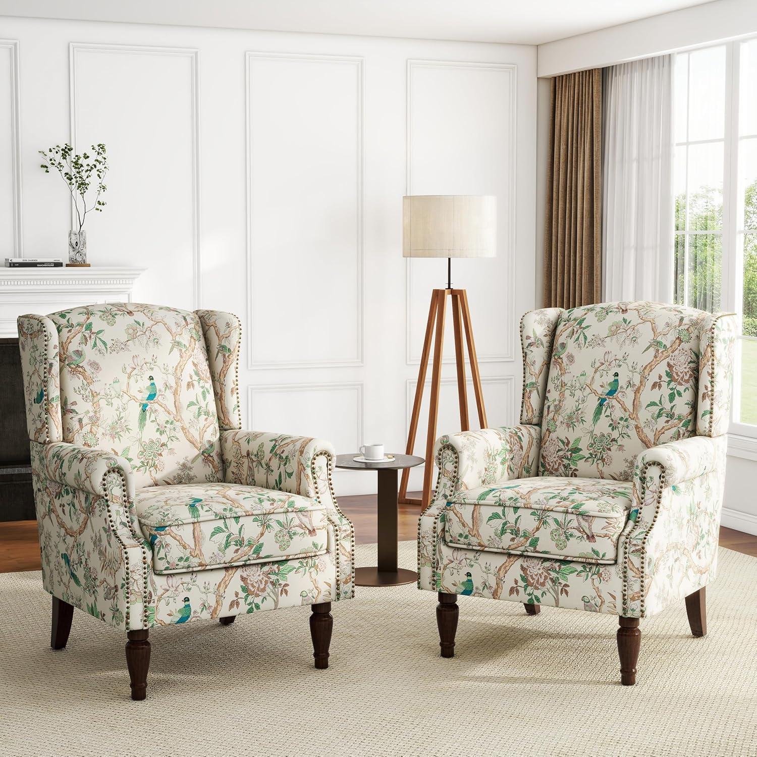 Bird Pattern Linen Upholstered High Back Accent Arm Chair with Nailhead Trim(Set of 2)