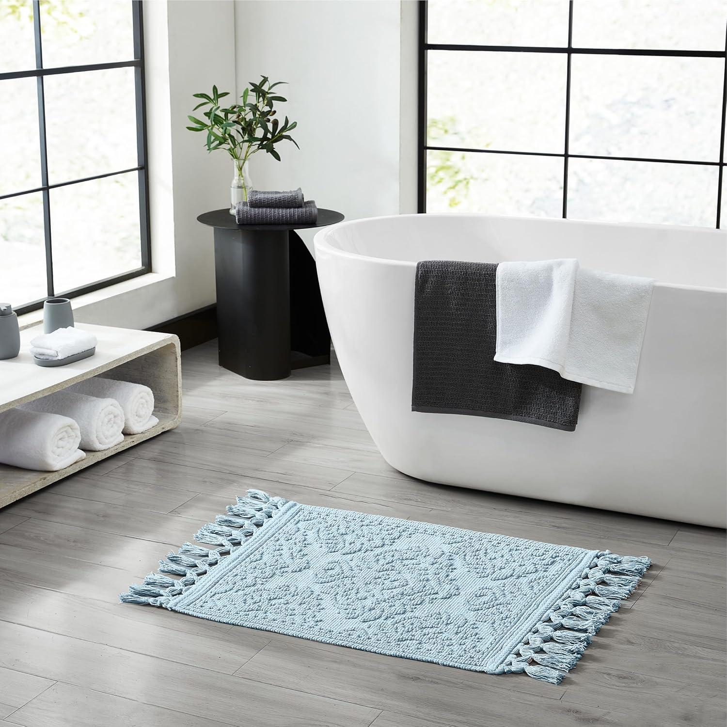 Jean Pierre Light Blue Cotton Fringe Bath Rug 21" x 41"