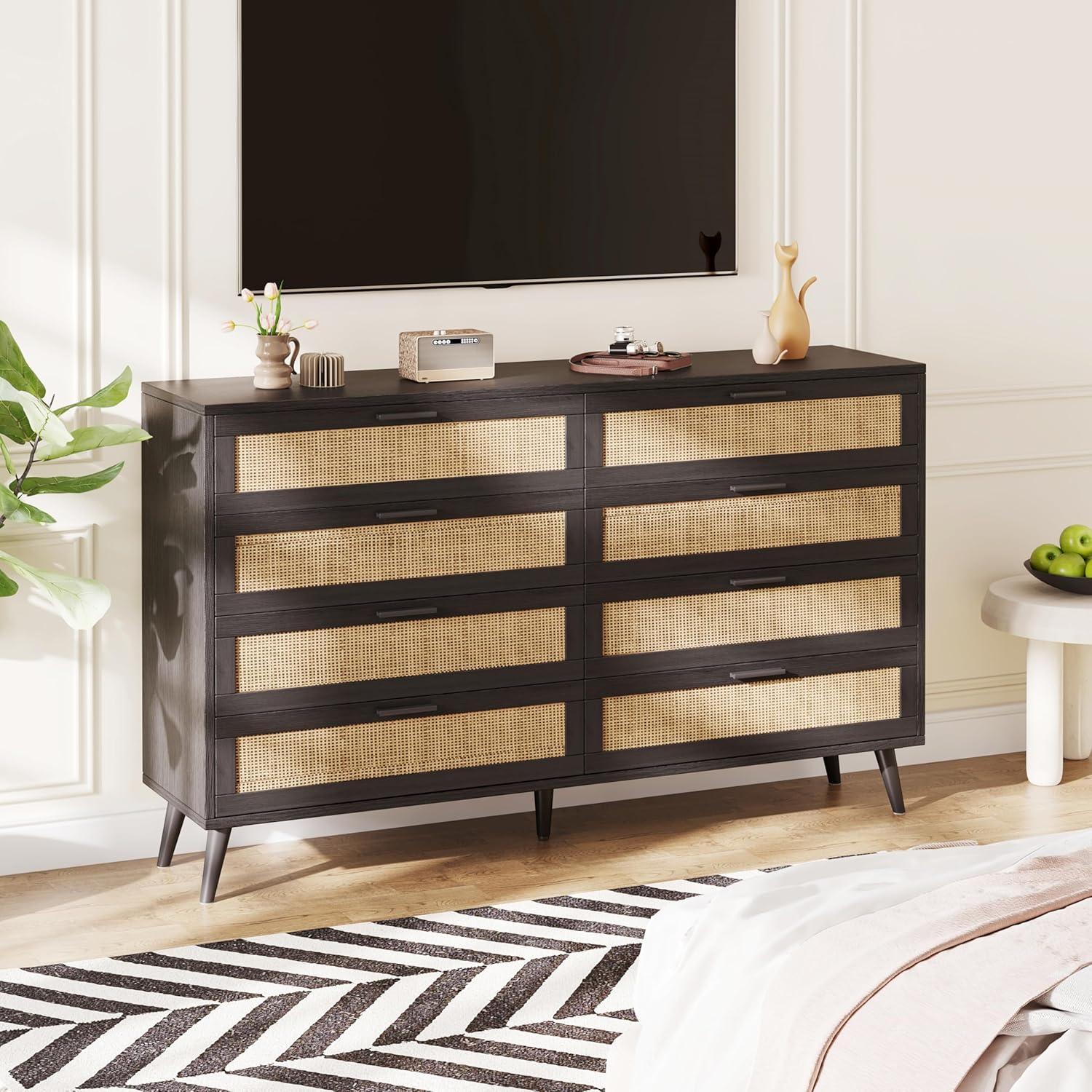 Faitaliicy 8 Drawer Double Dresser For Bedroom Wood Rattan Dresser Chest Of Drawers Modern Beside Table Wide Storage Cabinet For Closet Bedroom Living Room Entryway