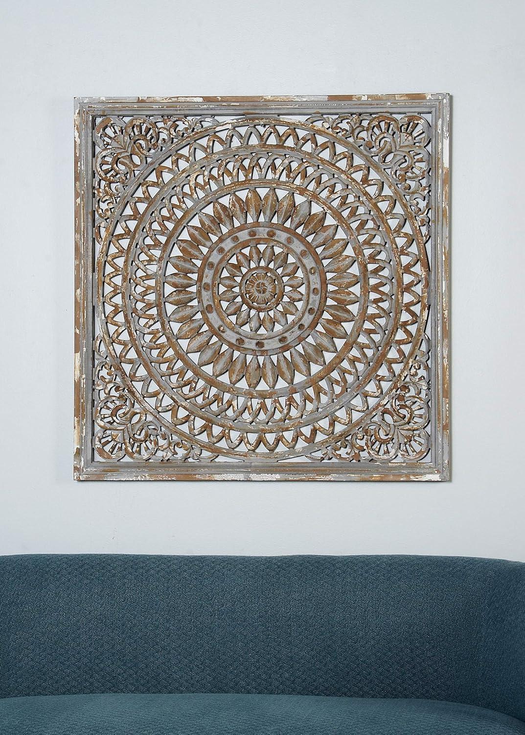 DecMode Brown Wood Handmade Intricately Carved Floral Wall Decor with Mandala Design