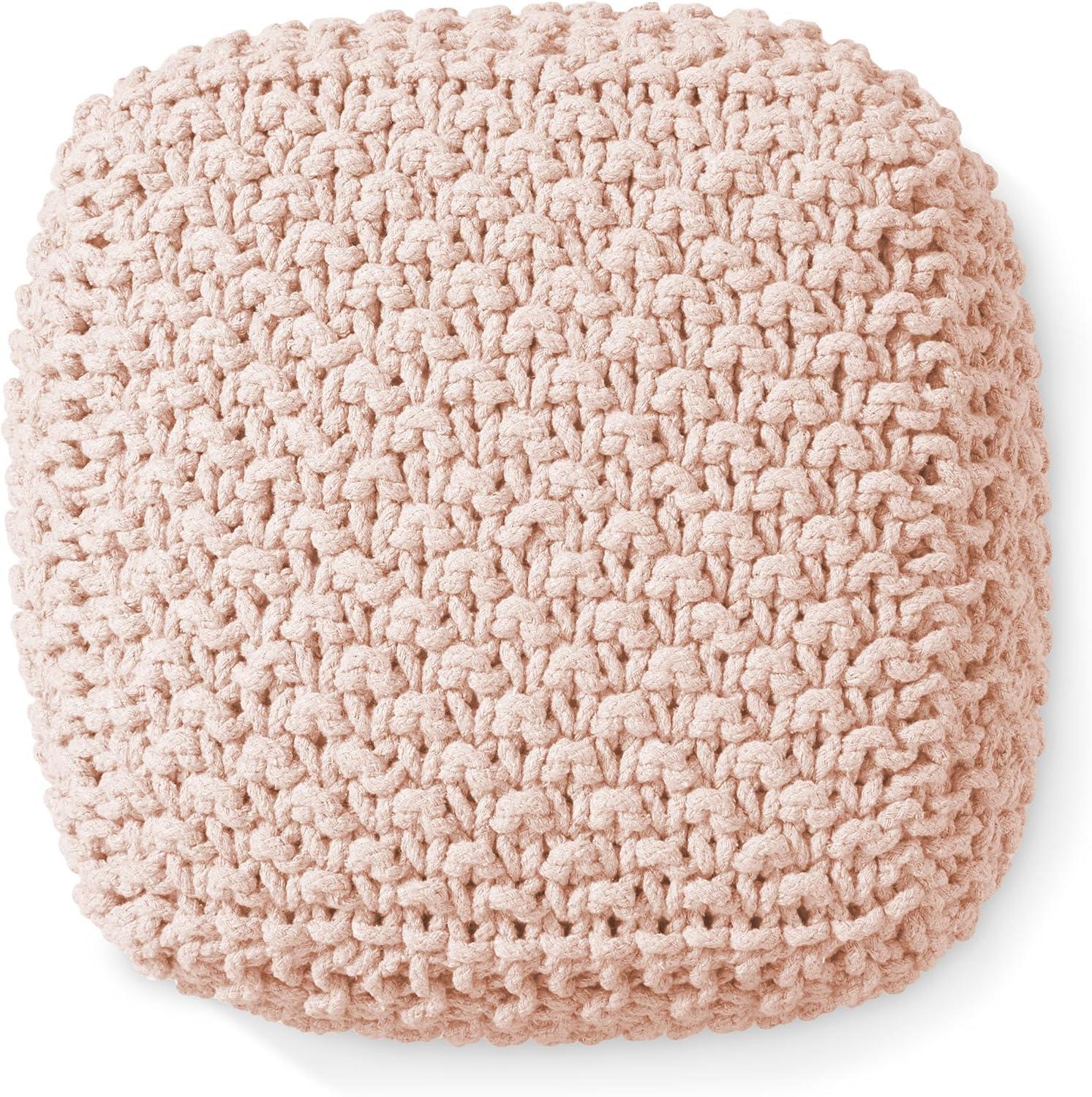 Casafield Square Pouf Ottoman, Light Pink - 18.5" W x 18.5" D x 14.5" H Cotton Knit Foot Stool - Boho Floor Pouffe for Living Room