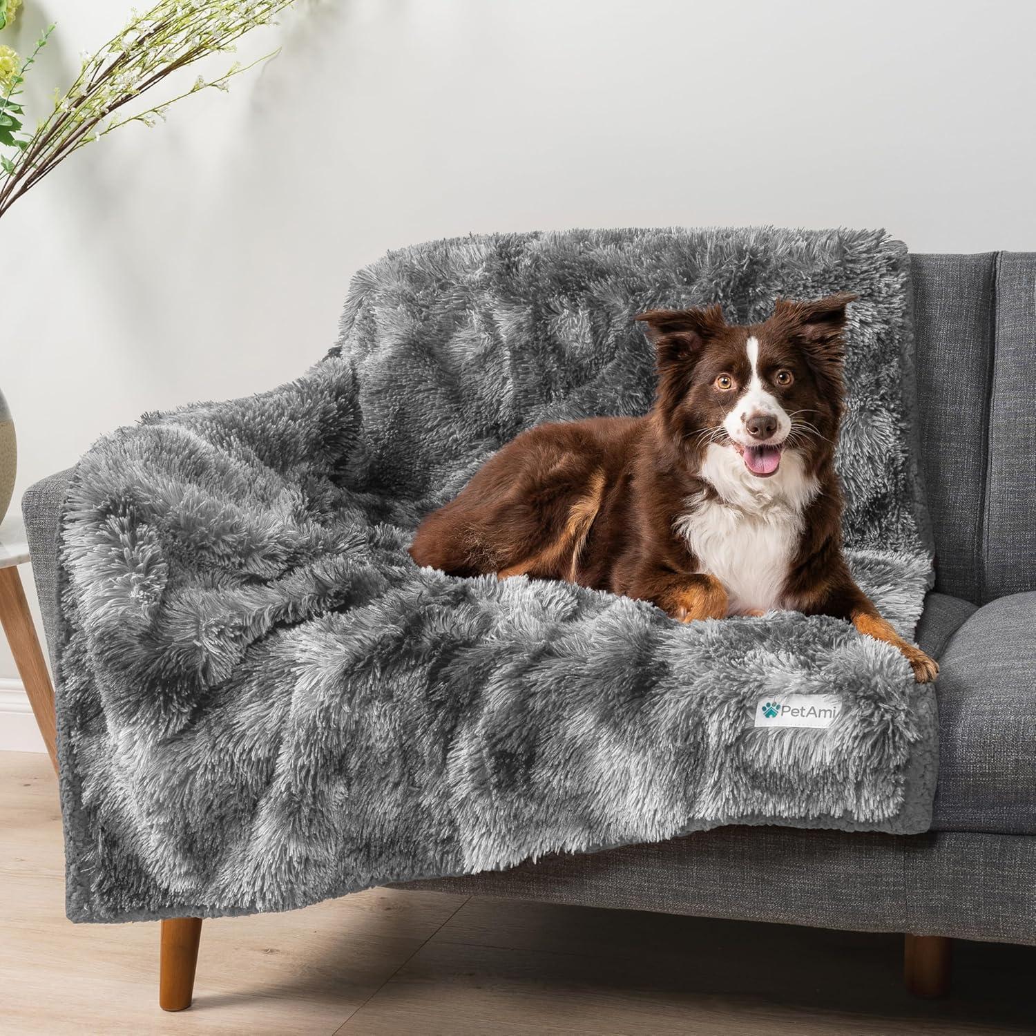 PetAmi WATERPROOF Dog Blanket For Bed XL Dog Pet Blanket Couch Cover Protector, Sherpa Fleece Fuzzy Leakproof Blanket for Sofa Furniture Queen Bed Protection Reversible Soft Fluffy, 90x90 Tie-Dye Gray