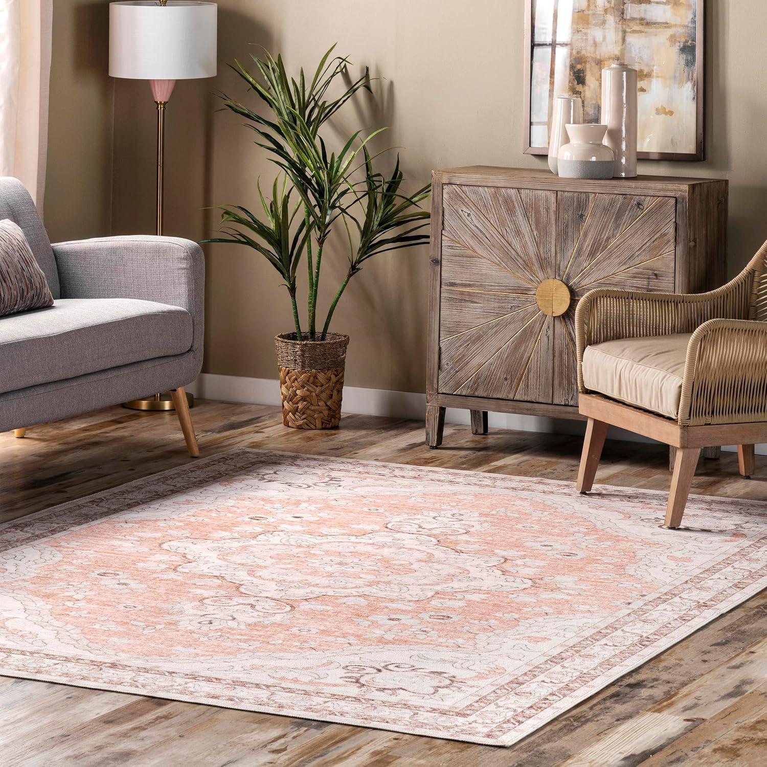 Ivory and Peach Floral Medallion Washable Area Rug