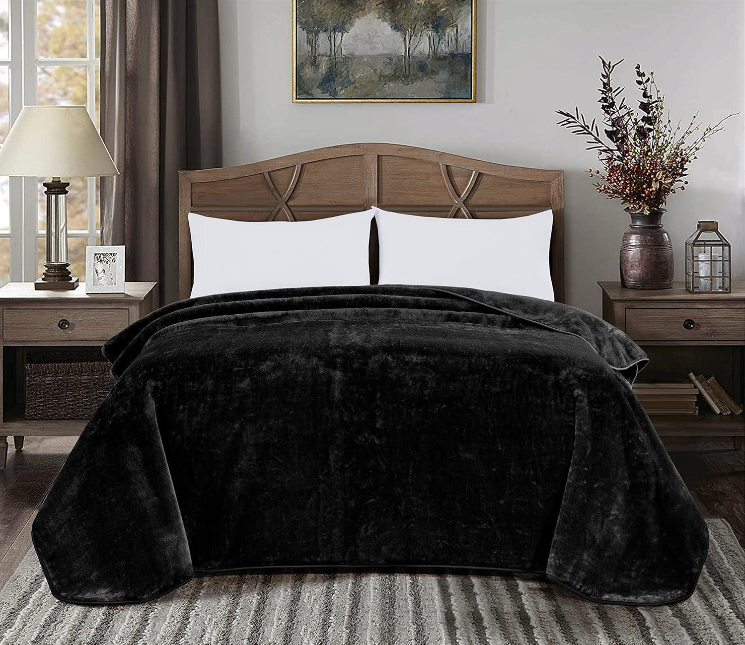 Chezmoi Collection Heavy Thick Korean Style Faux Mink Blanket Single Ply 9 Lbs, 750GSM Silky Soft Plush Raschel Mink Blanket, 92" x 106" US King Size, Solid Black