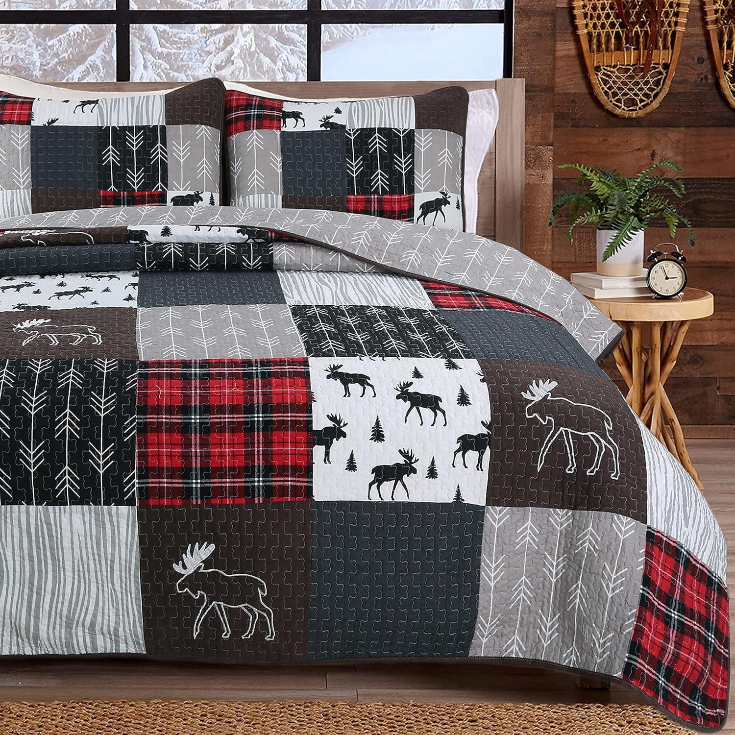 Cozy Line Home Fashions Rustic Lodge Moose Red Real Patchwork Reversible Quilt Bedding Set Queen 3 Piece