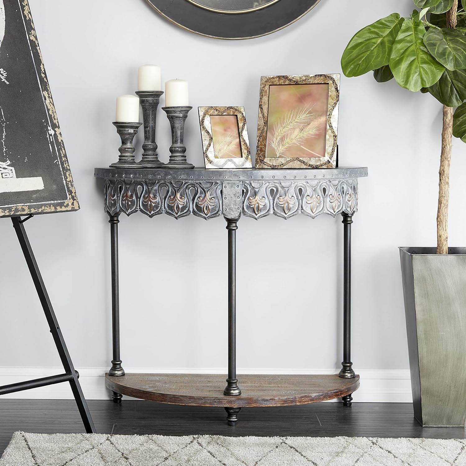 Gray Metal and Wood Demilune Console Table with Storage