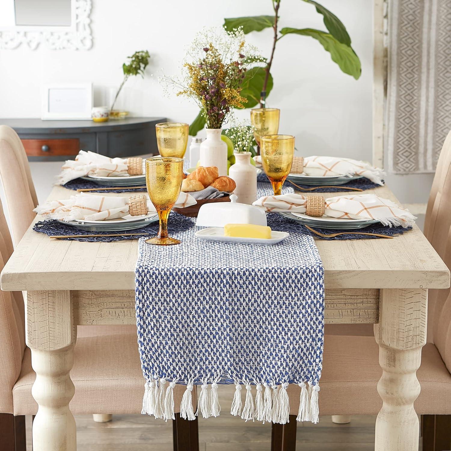Design Imports  Woven Jacquard Fringe Table Runner, Nautical Blue, 15X72"