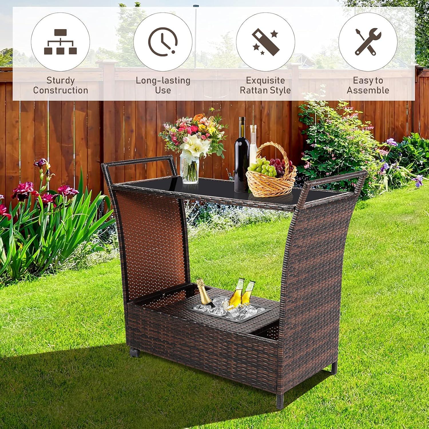 RELAX4LIFE Outdoor Wicker Bar Cart with Removable Ice bucket, Patio Serving Counter Table with Glass Top & Wheels, Storage Compartments Rattan Rolling Trolley for Pool, Backyard,Porch Wine Cart, Brown