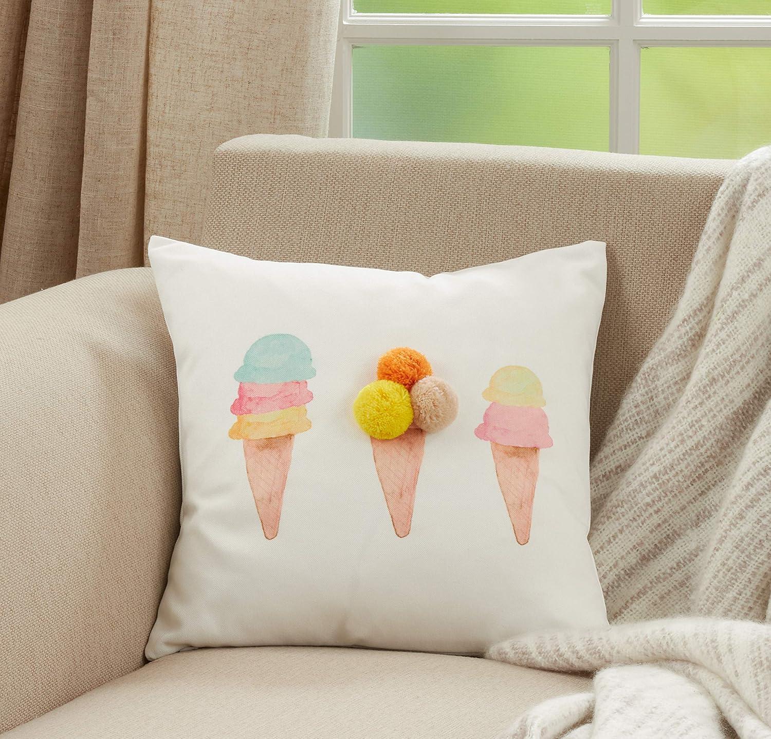 Multicolor Ice Cream Cone Pom Pom Kids Throw Pillow