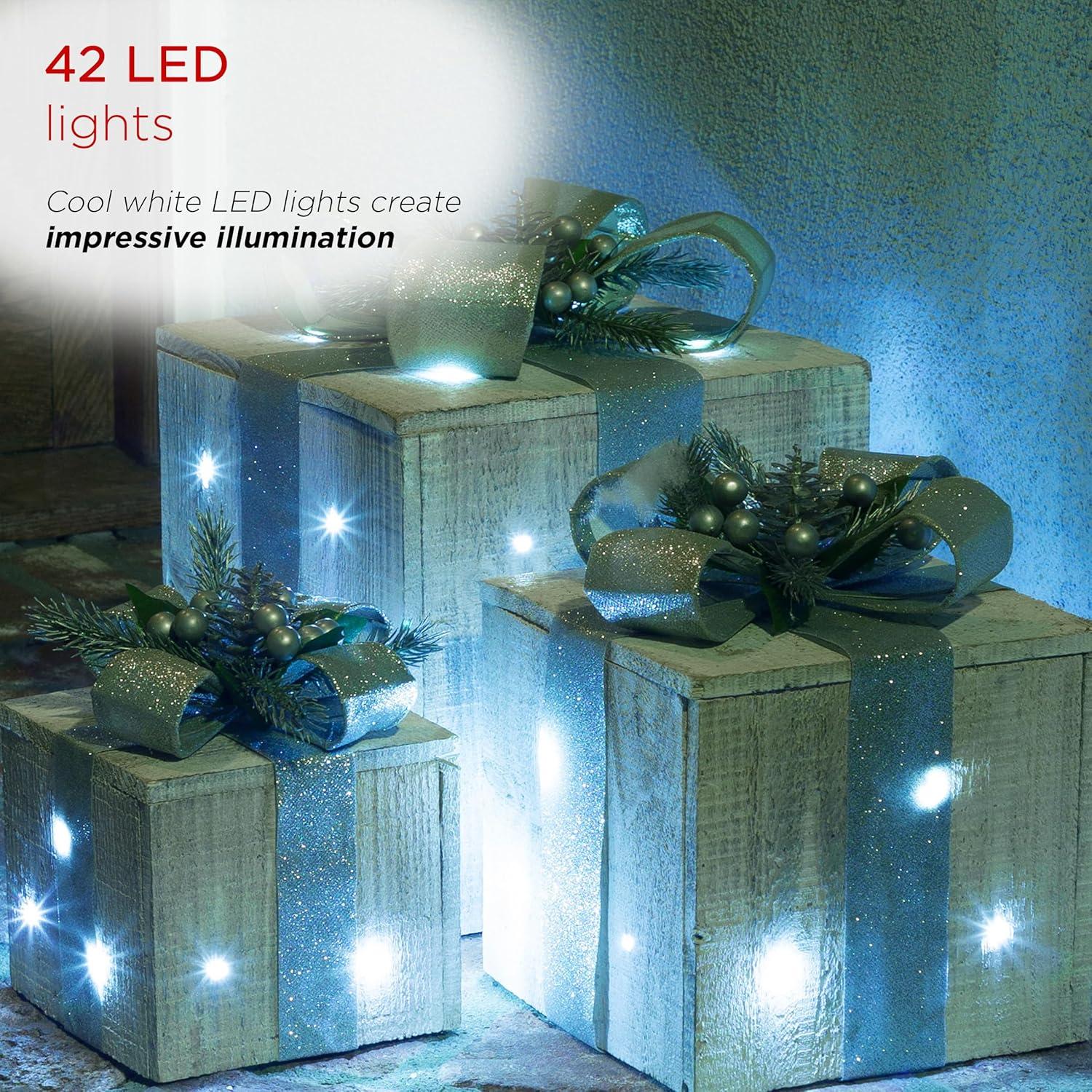 Alpine Corporation Set of 3 Assorted Size Wooden Light-Up Holiday Gift Boxes Decor, Silver