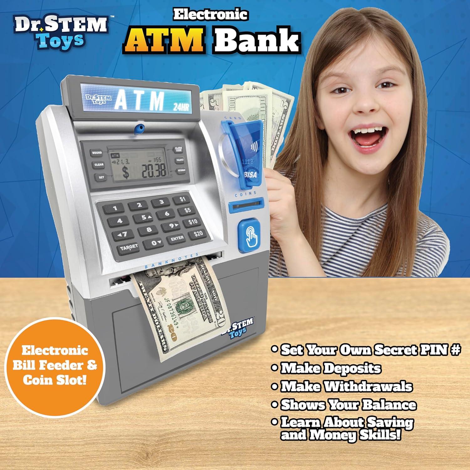 Dr. STEM: Electronic ATM Bank - Real Money Savings Piggy Bank Toy, LCD Digital Screen, Bill Feeder & Coin Counter, Pin Entry, STEM Learning, Kids 5+