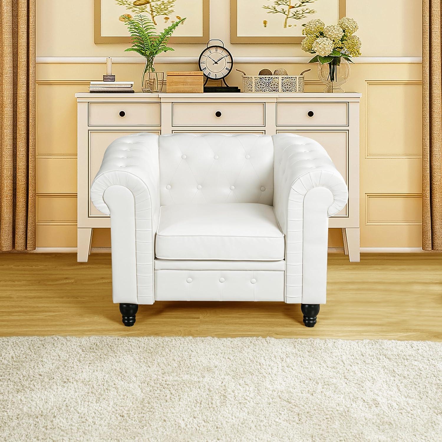 2 Piece Living Room Set, Faux Leather Chesterfield Loveseat & Chair, Deep Button Tufted with Rolled Arms, Home Furniture - Include 3-Seater Couch and Single Chair, White