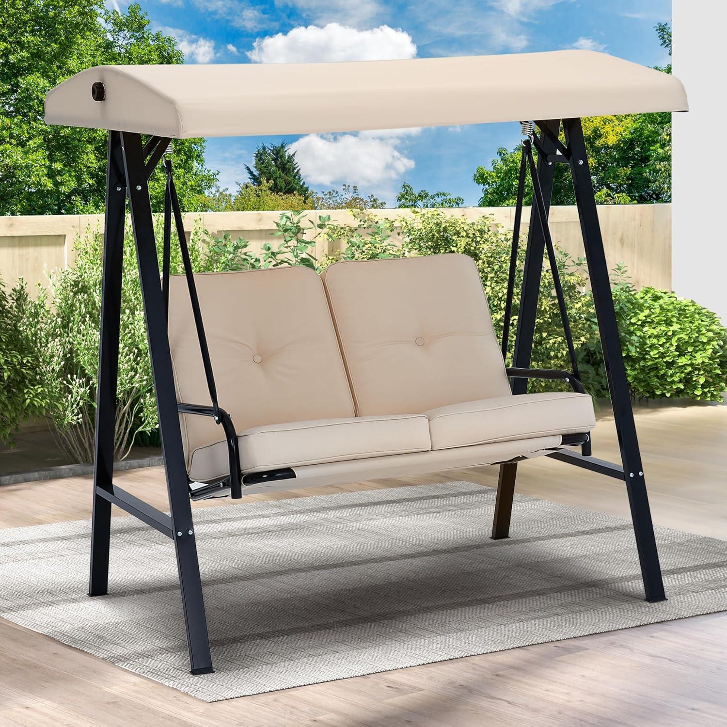 AECOJOY 2-Seat Porch Swing Chair, Patio Swing Chair w/ Cushions Beige