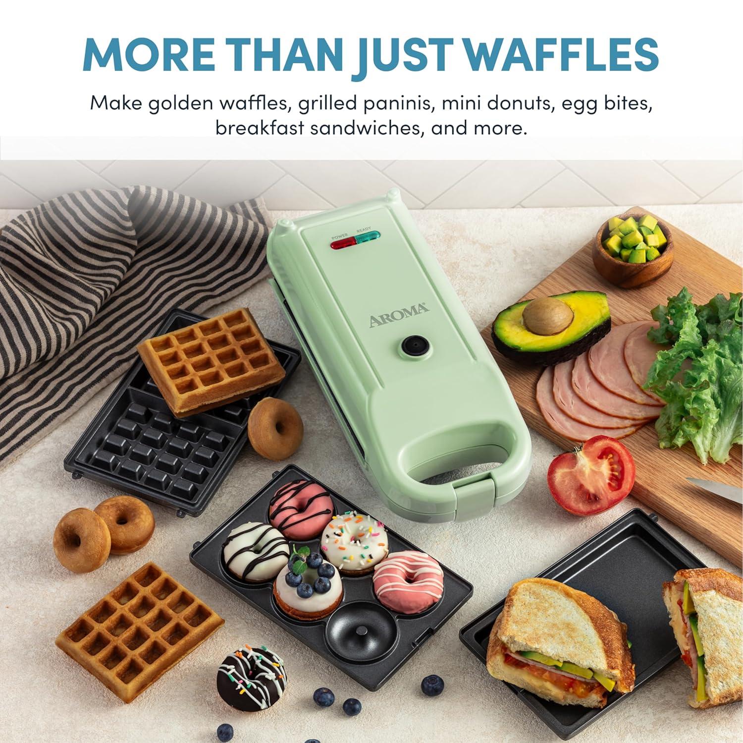 Aroma Aroma® Swap & Flip Waffle Maker With Removable Plates: 3-in-1 Panini Press, Mini Donut Maker, And Waffle Iron
