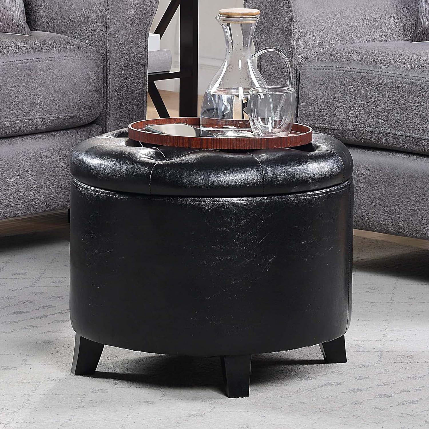 Elegant Traditional Black Faux Leather Round Storage Ottoman with Tufted Lid