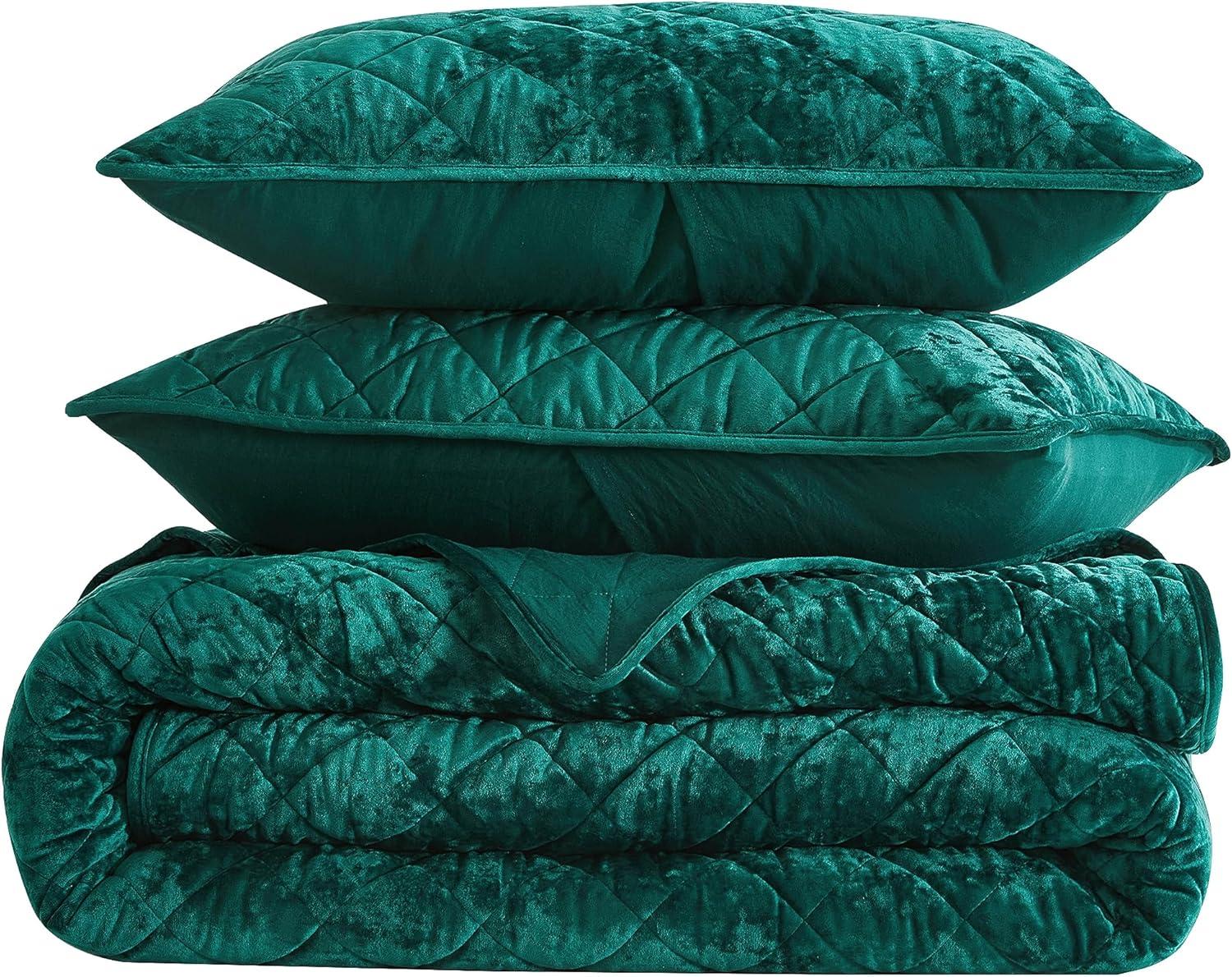Chezmoi Collection Diamond Stitch Reversible Plush Distressed Velvet Quilt Set