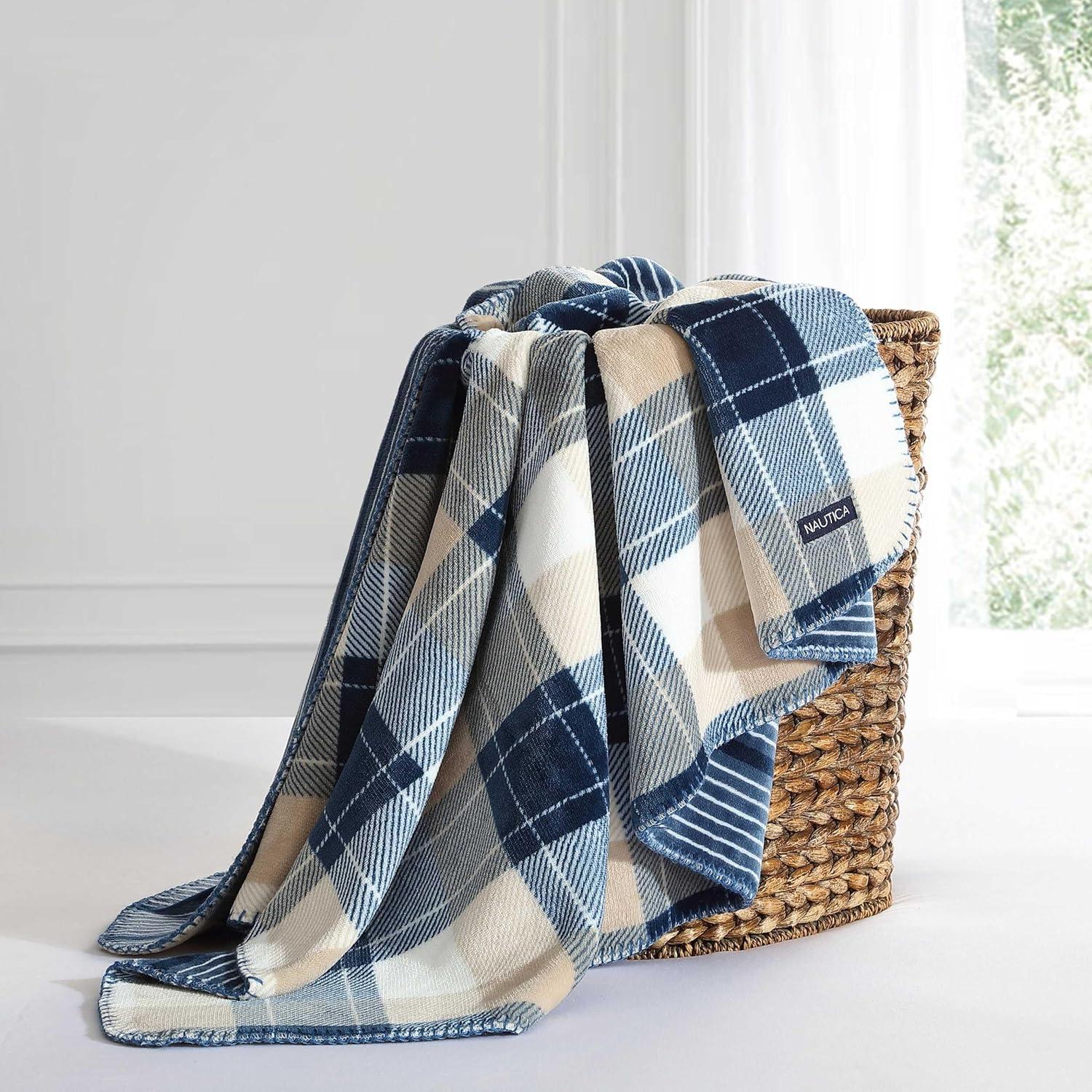 Navy and Beige Reversible Fleece Throw Blanket, 50" x 70"