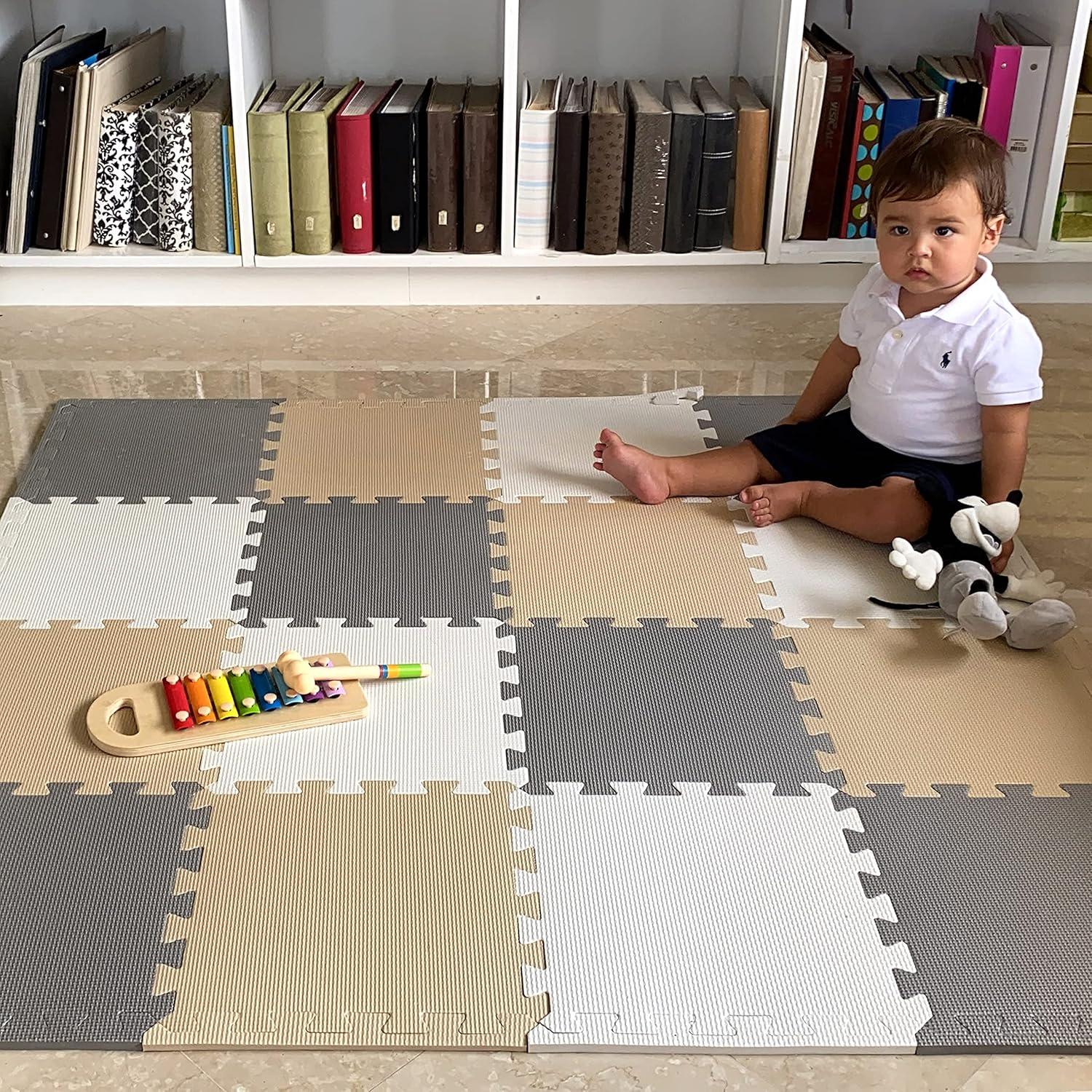 MioTetto Non-Toxic Foam Play Mat for Babies & Kids, Interlocking Puzzle Tiles, Cream-Gray-Beige, 18 Pieces – Perfect for Tummy Time, Crawling, Nursery, Playroom, or Gym